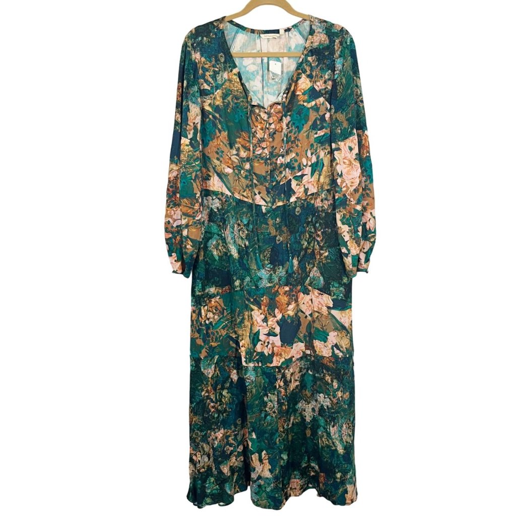 New Soft Surroundings Dakota Maxi Dress Long Sleeve Green Floral Boho - Large